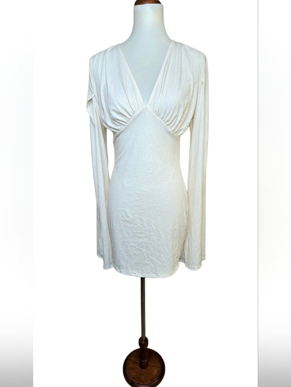 White Shimmer Ruched Mini Dress Stretch Open Bell Sleeve Y2K Size S